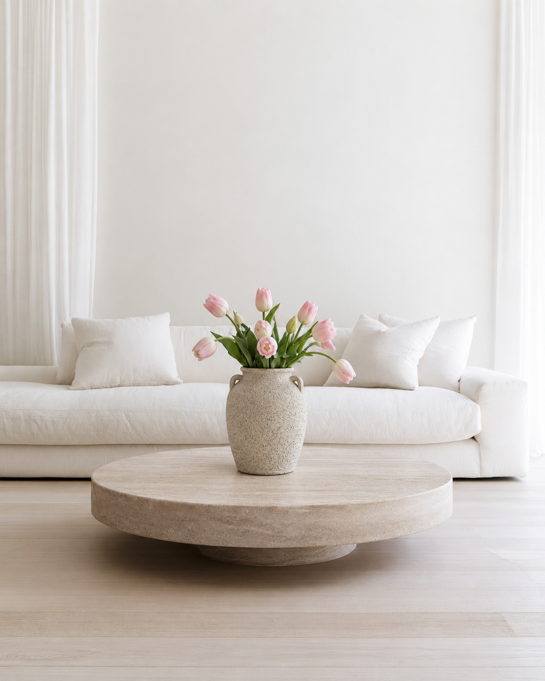 Tulip Bouquet, Realistic Latex Faux Tulips, 3, 5 or 7 Heads in Pink styled on a coffee table