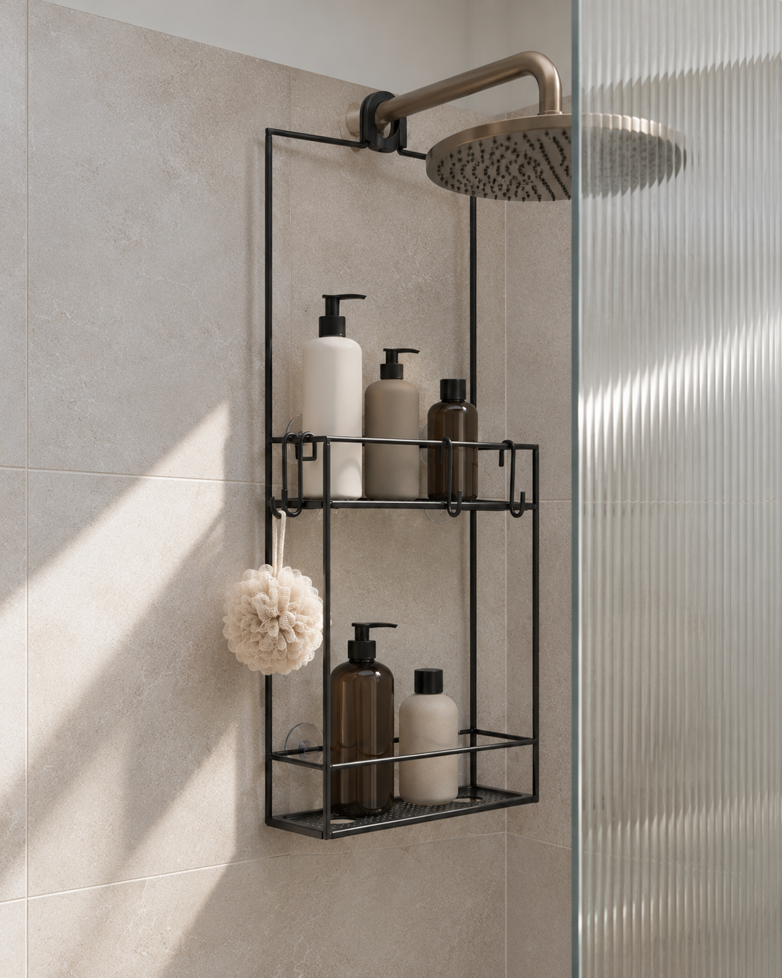 Cubiko Shower Caddy, Black styled hanging from the shower head pipe