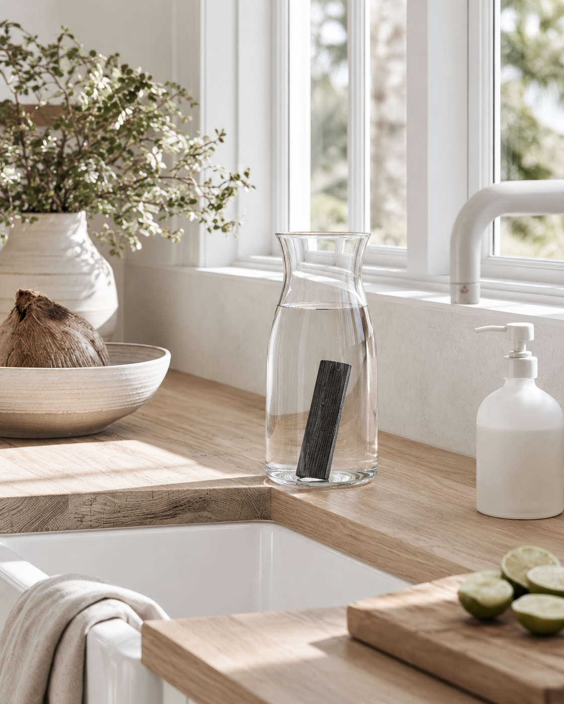Bamboo Charcoal Water Filter Sticks standing inside a clear glass water carafe on a kitchen benchtop