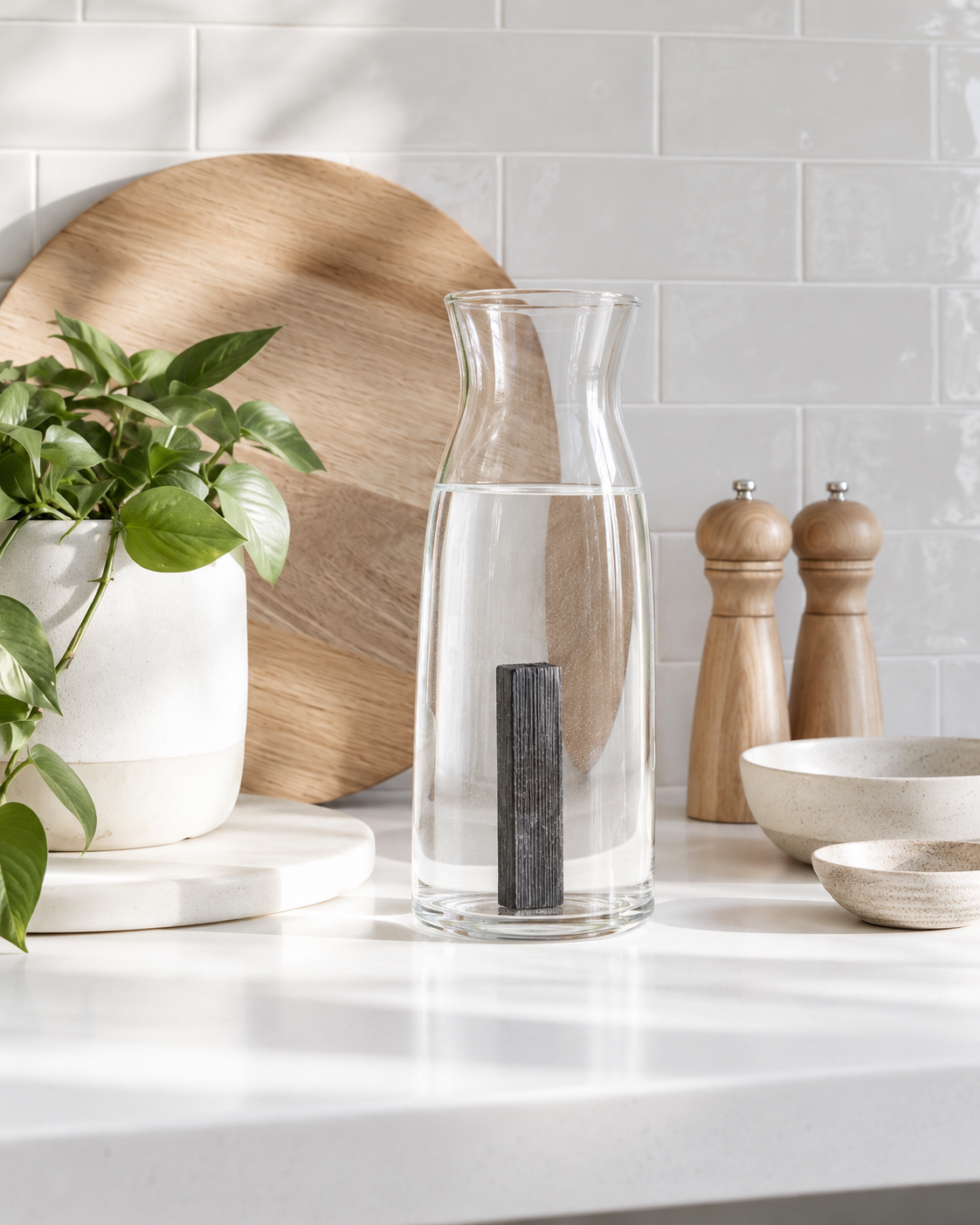 Bamboo Charcoal Water Filter Sticks standing inside a clear glass water carafe on a kitchen benchtop