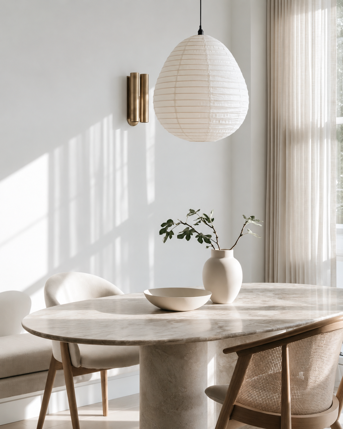 White linen pear pendant shade hanging above a round stone dining table