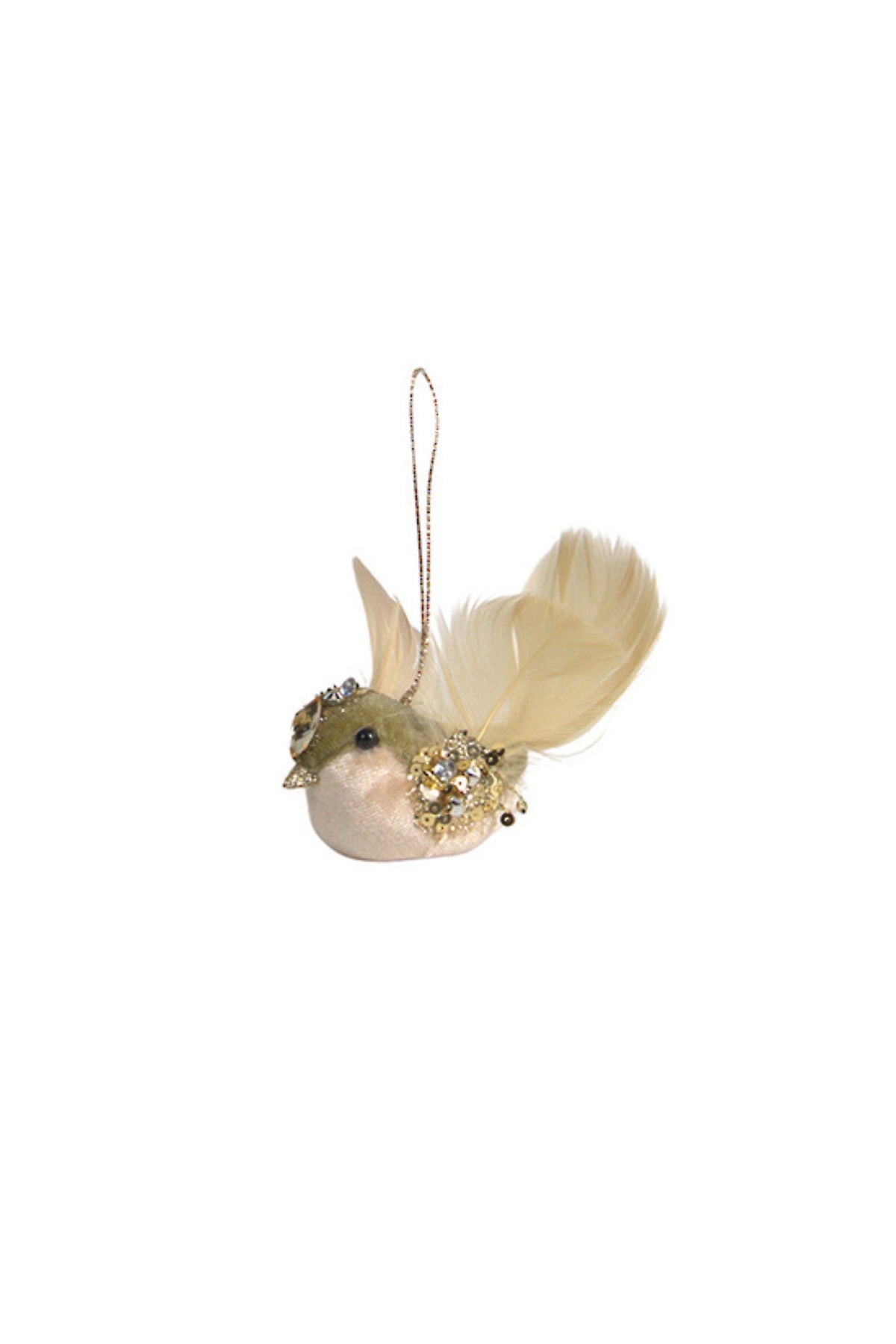 Small fluffy moss green finch chick decoration on a hanging loop