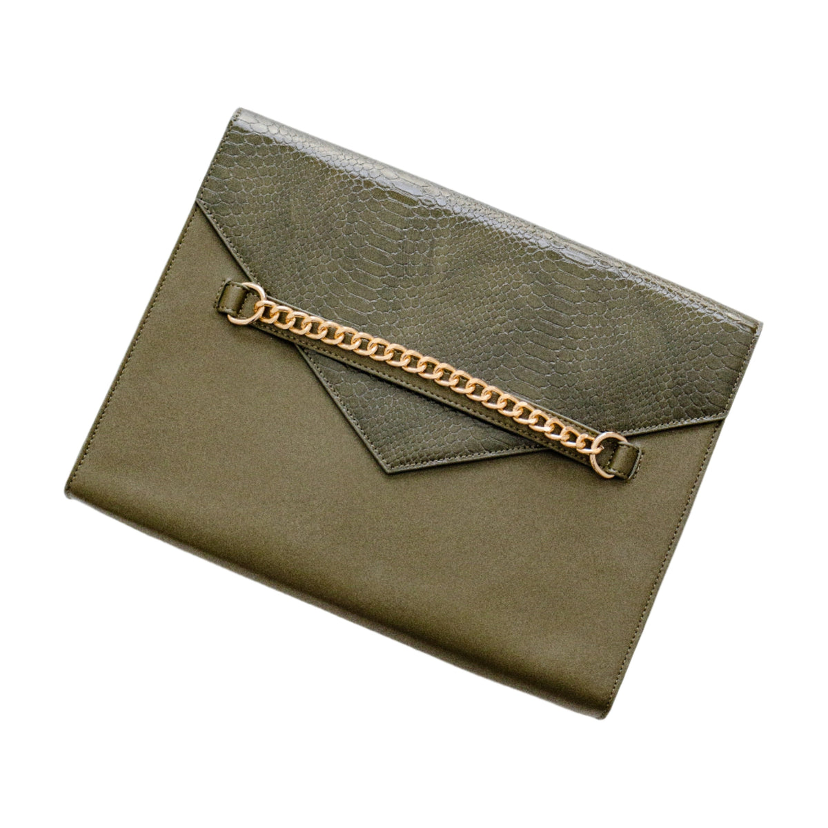 Forest Green croc-textured laptop sleeve by Papier HQ with a gold chain detail
