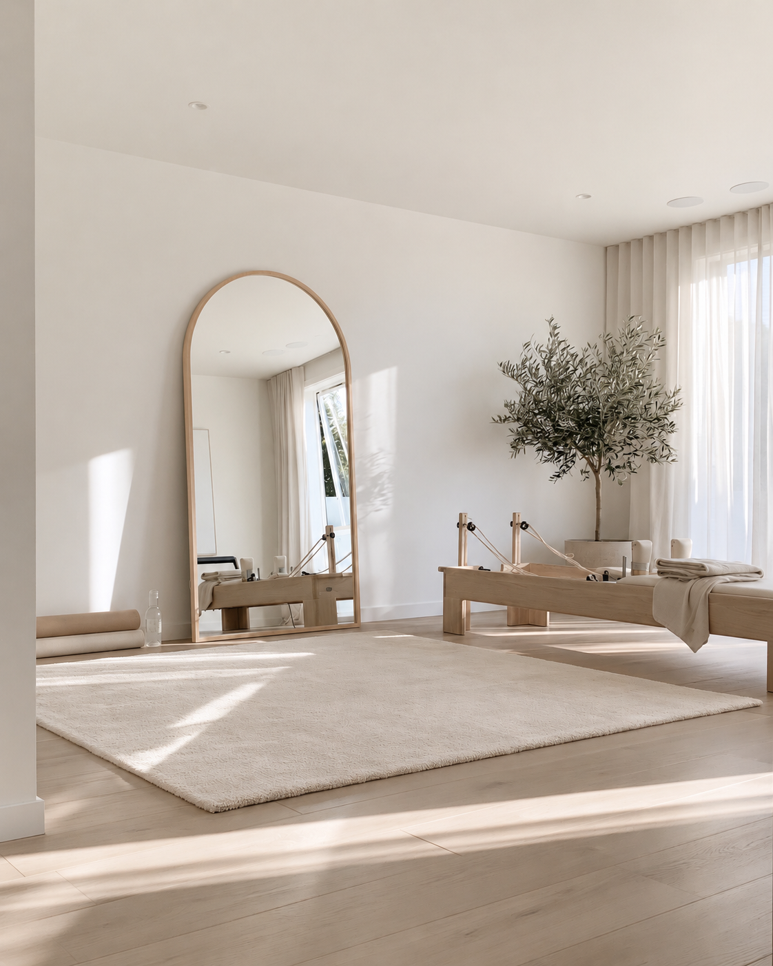 Full Length Framed Arch Mirror in oak leaning against a white wall in a bright minimalist studio