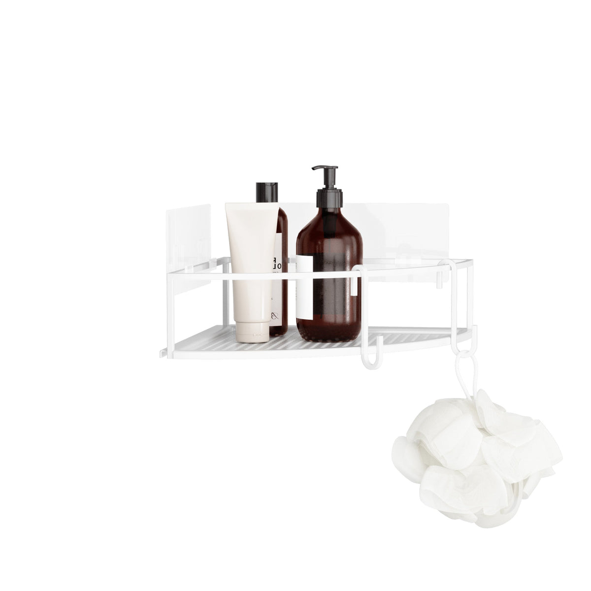 White Cubiko corner bin holding amber bottles, a loofah hanging from its hook