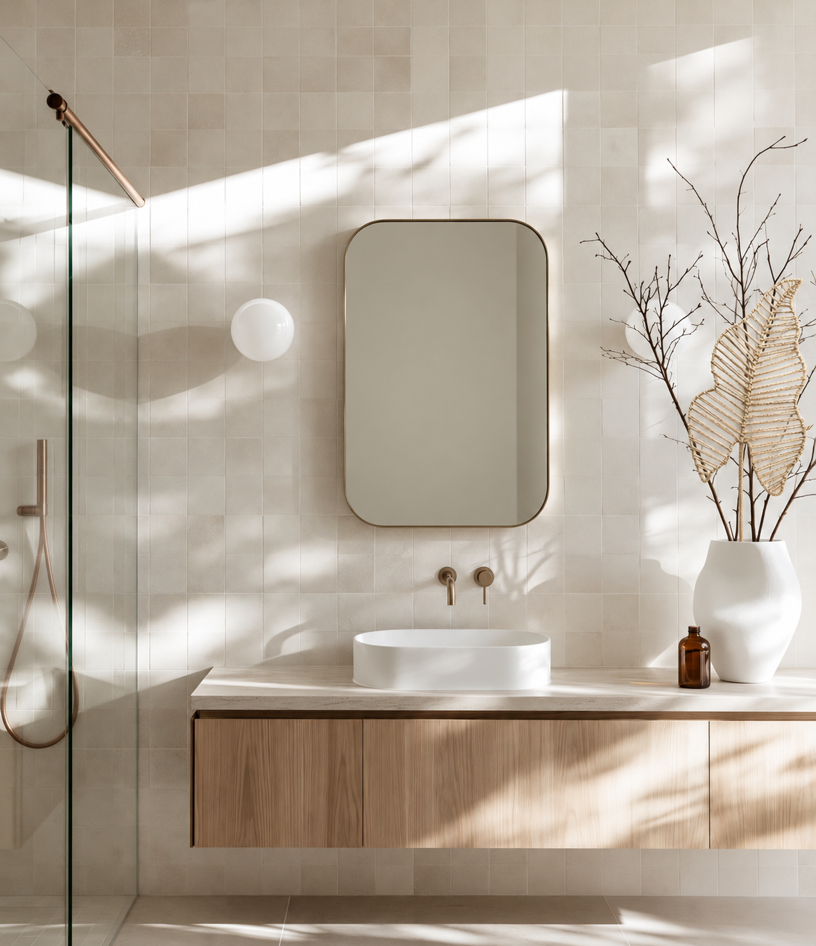 Gabi paper rope leaf stem with bare branches in a tall white vase on a timber bathroom vanity