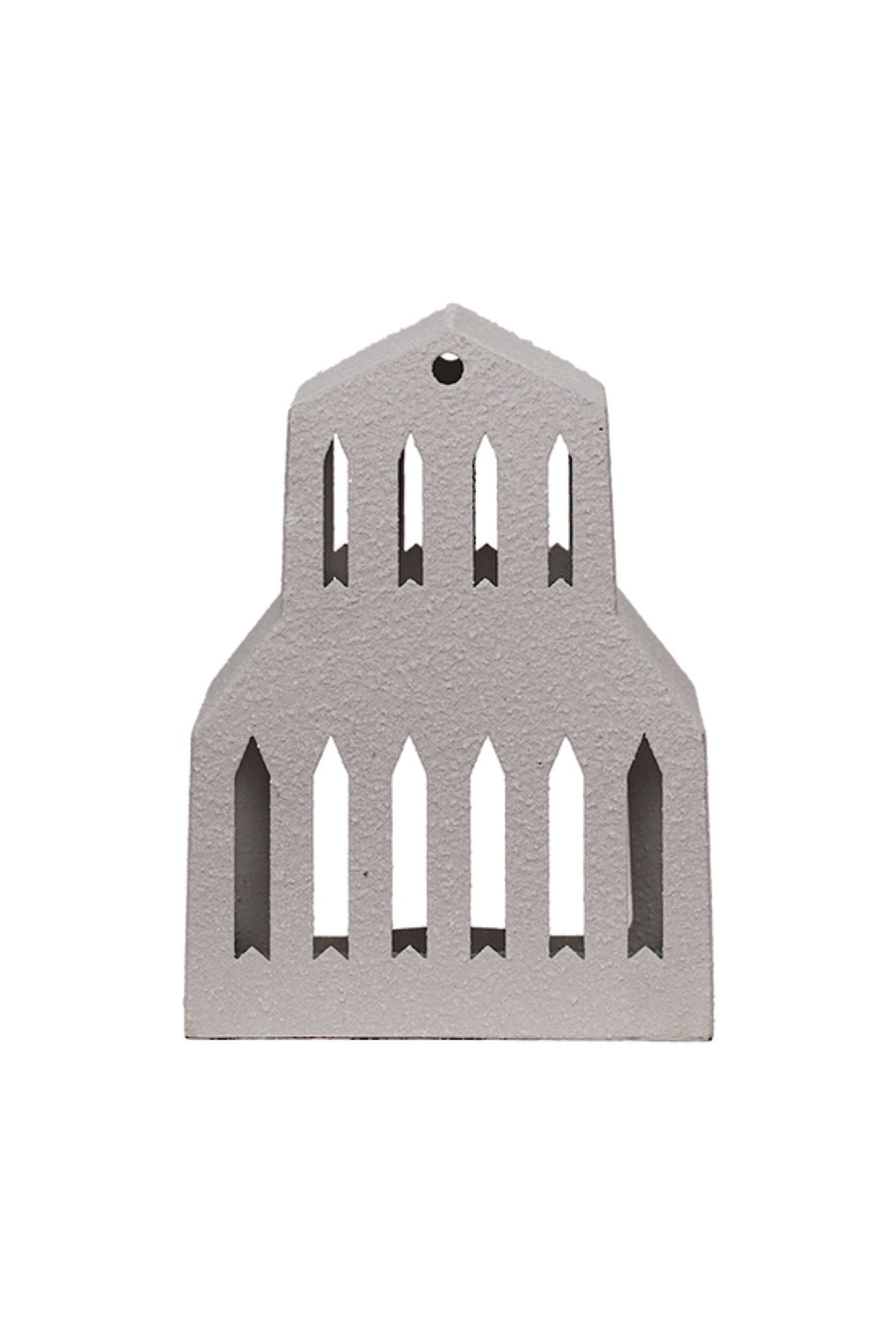 Grey ceramic gable roof house tealight holder with rows of window cut-outs, large (13cm W x 10cm D x 17.5cm H)