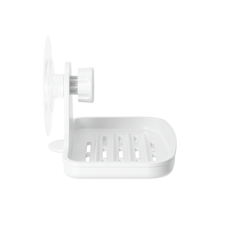 Side view of the Umbra Flex adhesive soap dish, showing its drainage slots