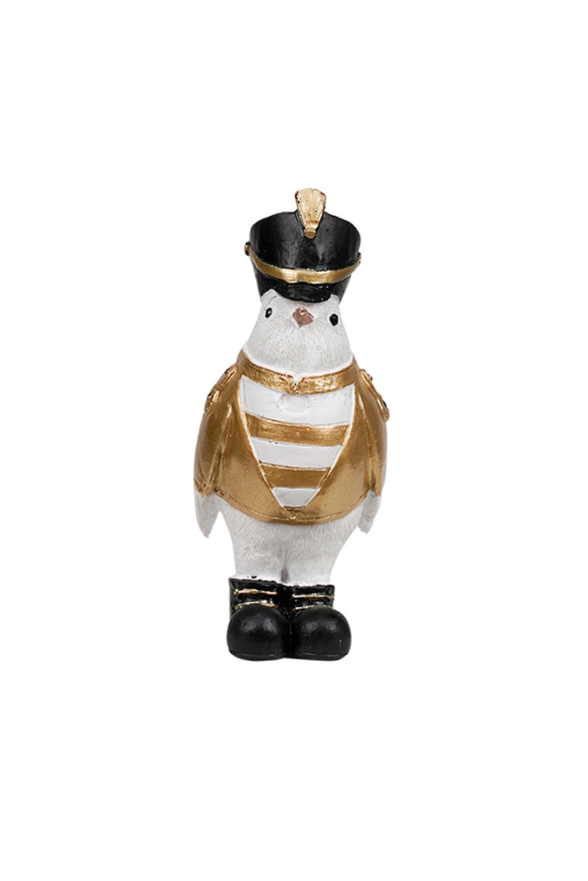 Small white bird figurine in a gold jacket and black bicorne general's hat, 11cm