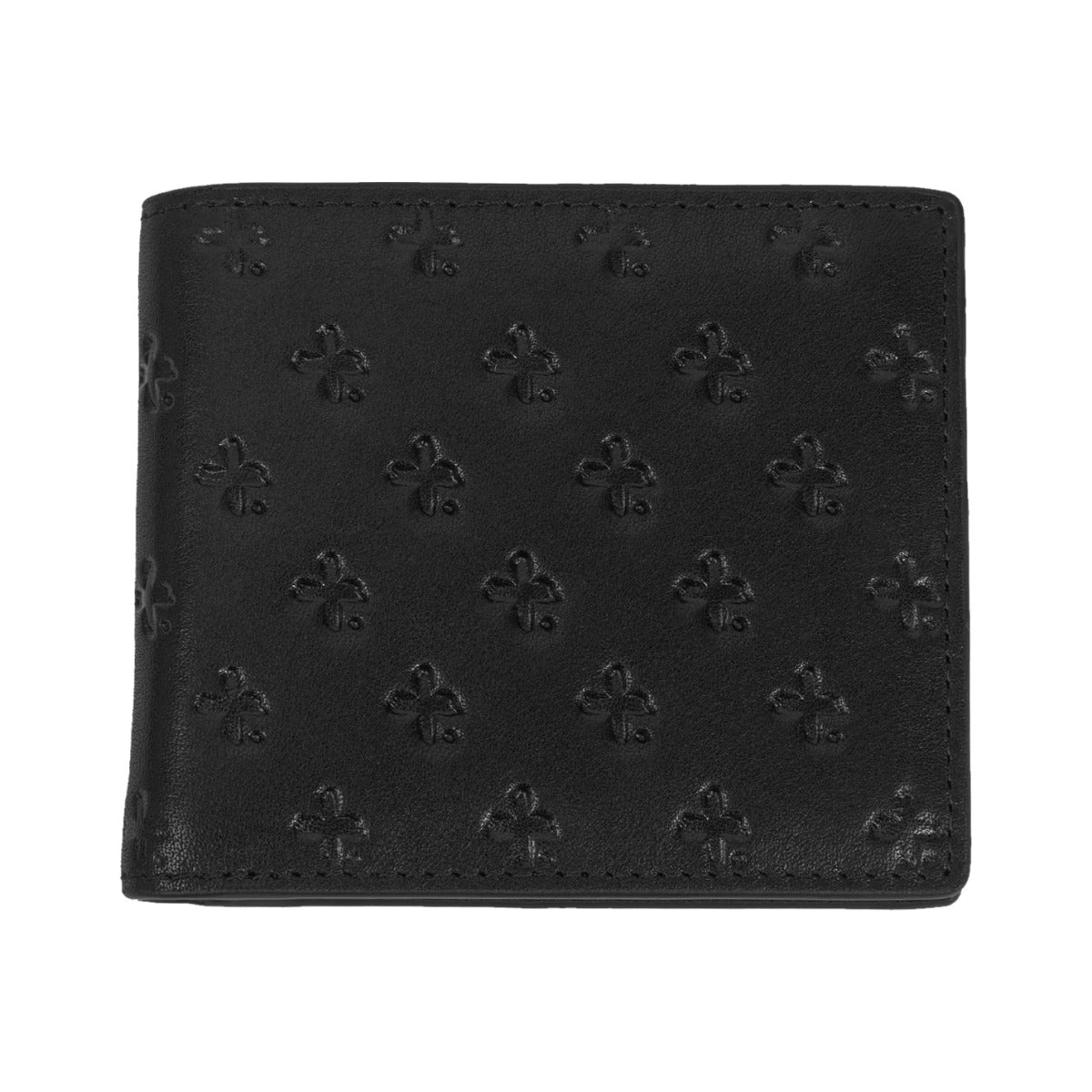 George Wallet by Federation, black leather bifold with an embossed pattern, closed, front view