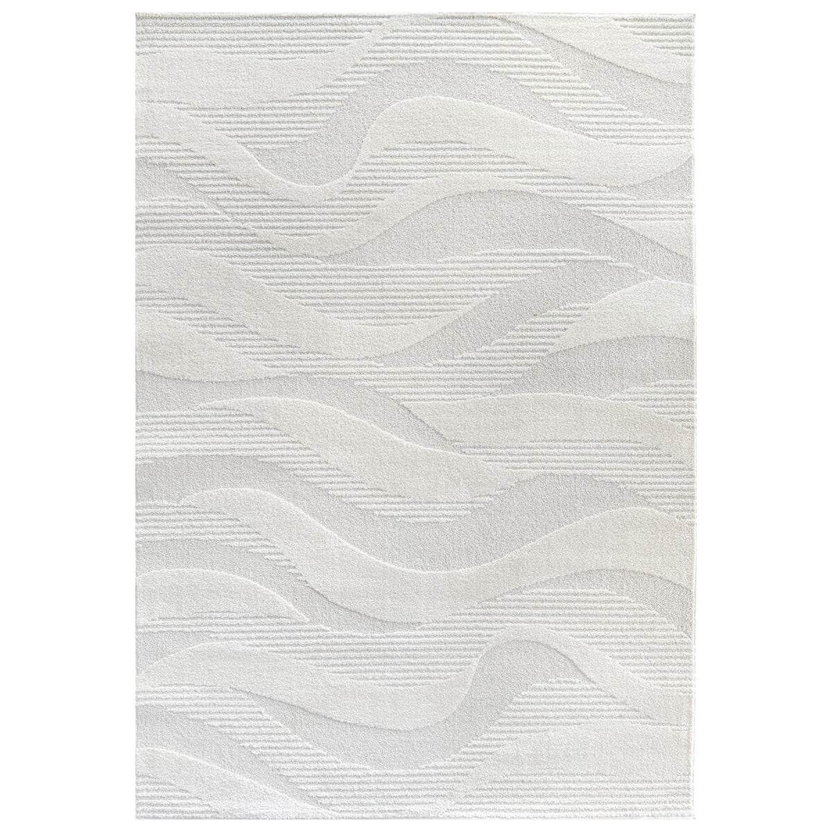 Georgie Cloud White Rug with a textured wave pattern, shown flat
