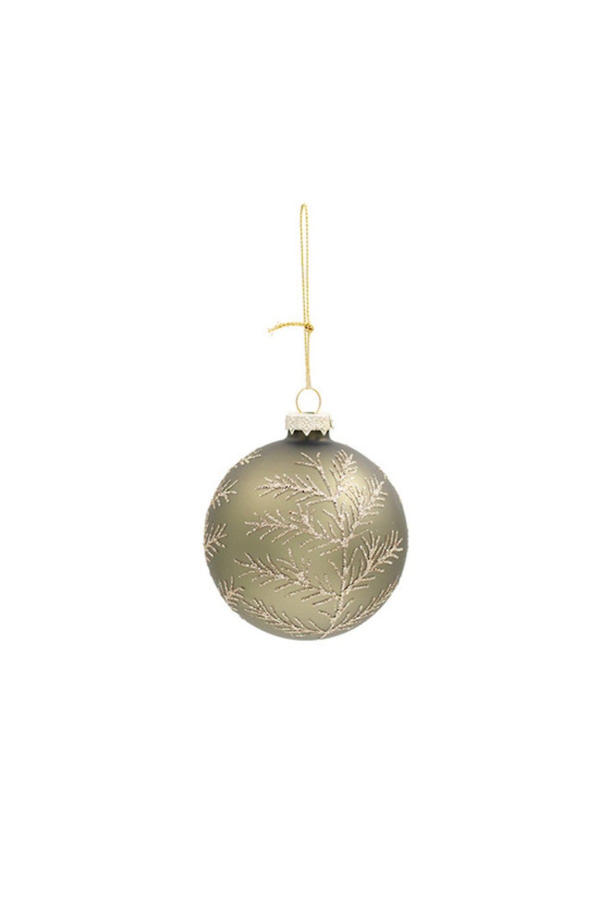 Sage green glass Christmas bauble with gilded champagne sprig pattern, 8cm