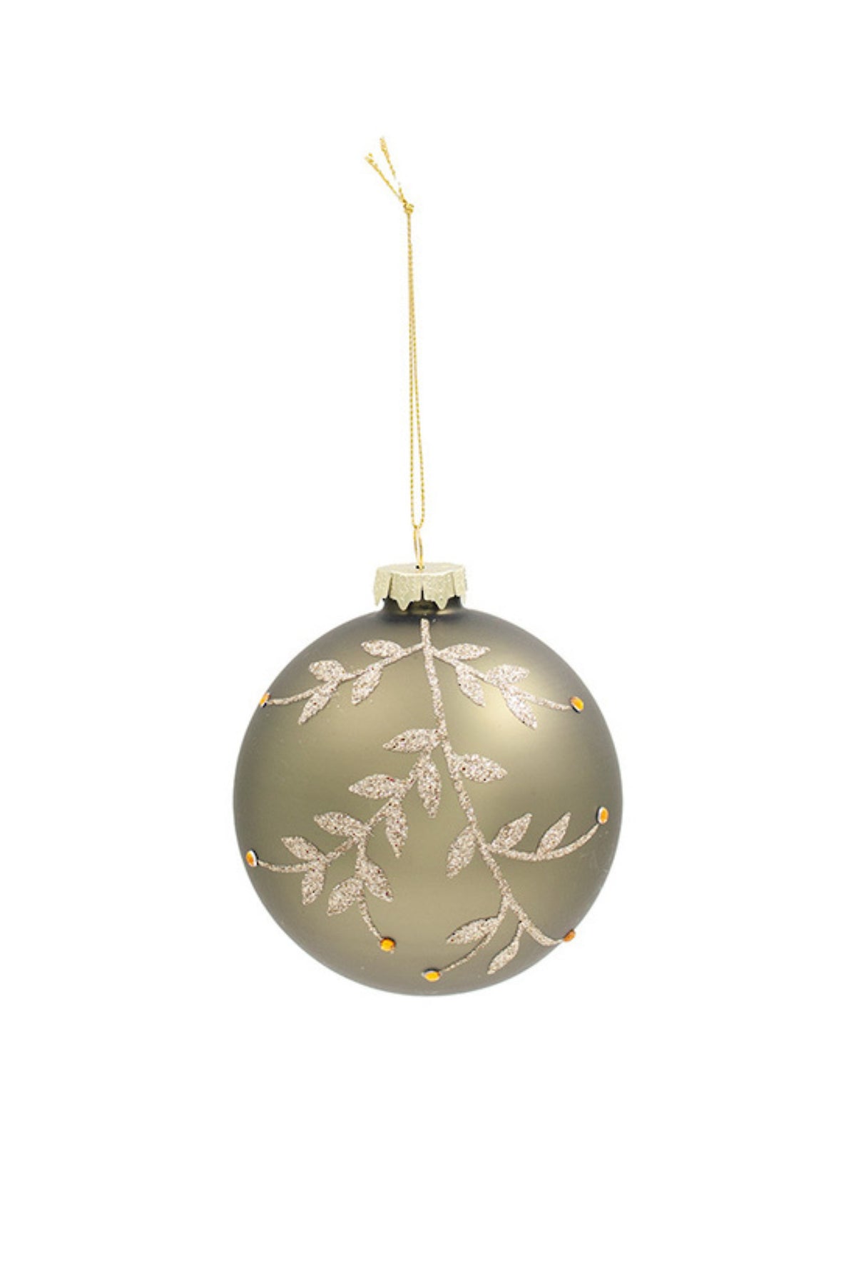 Sage green glass Christmas bauble with a trailing gilded champagne vine, 10cm