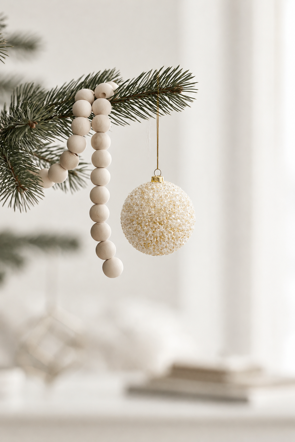 Gold Beaded Bauble 8.5cm hanging from a pine branch beside a wooden bead garland in soft winter light