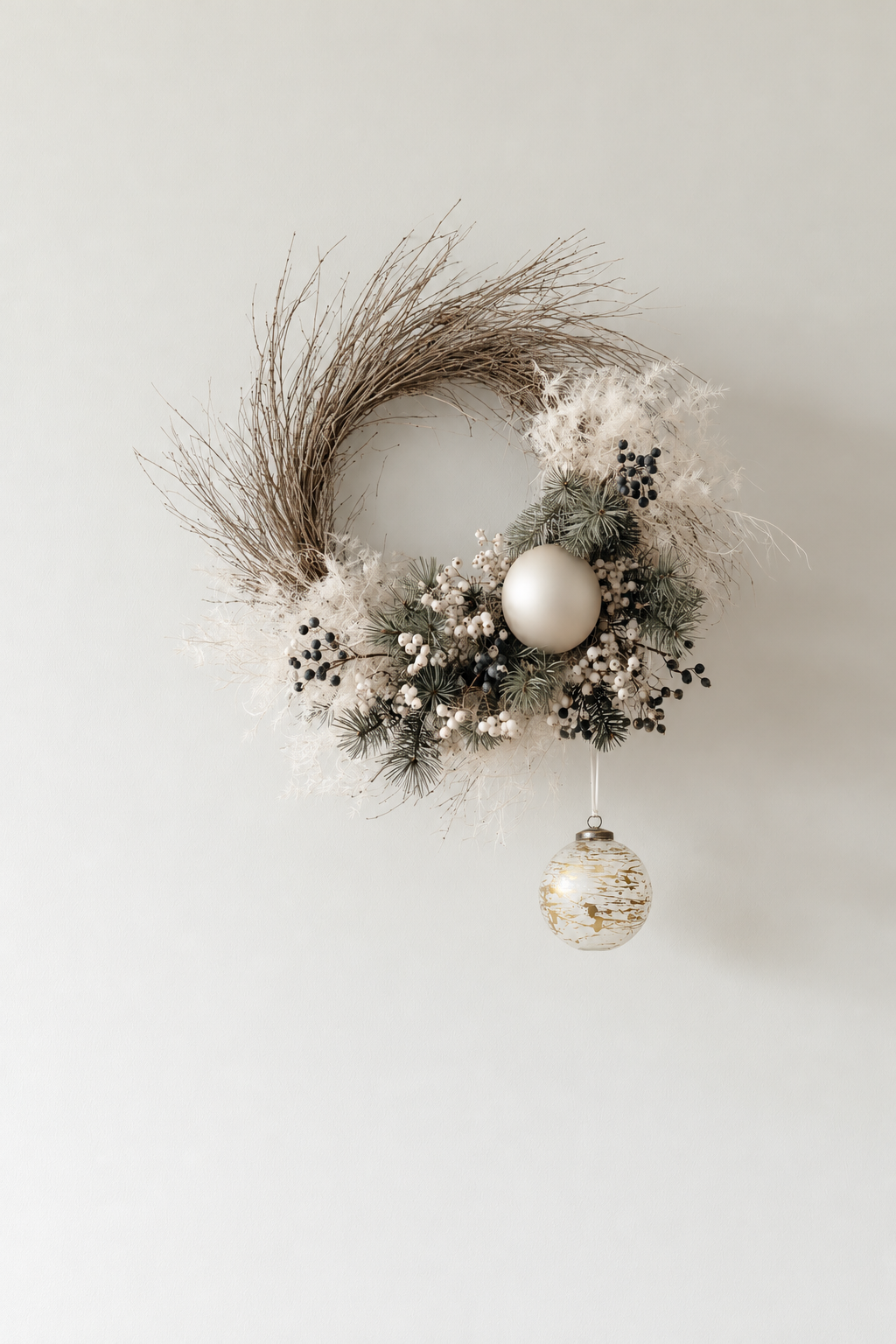 Gold paint splatter glass bauble hanging below a twig and fir wreath on a white wall
