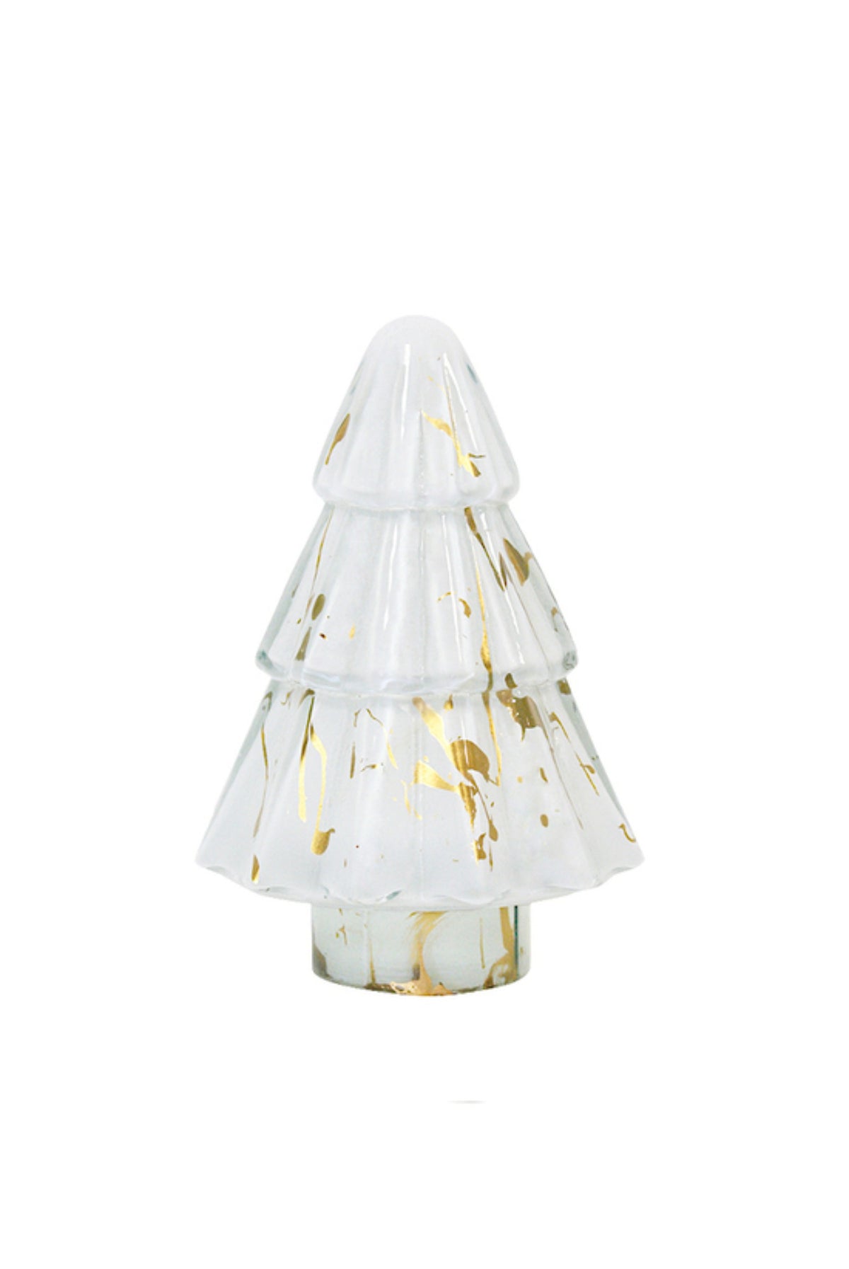 Clear and white glass Christmas tree with gold paint splatter detail, 15cm