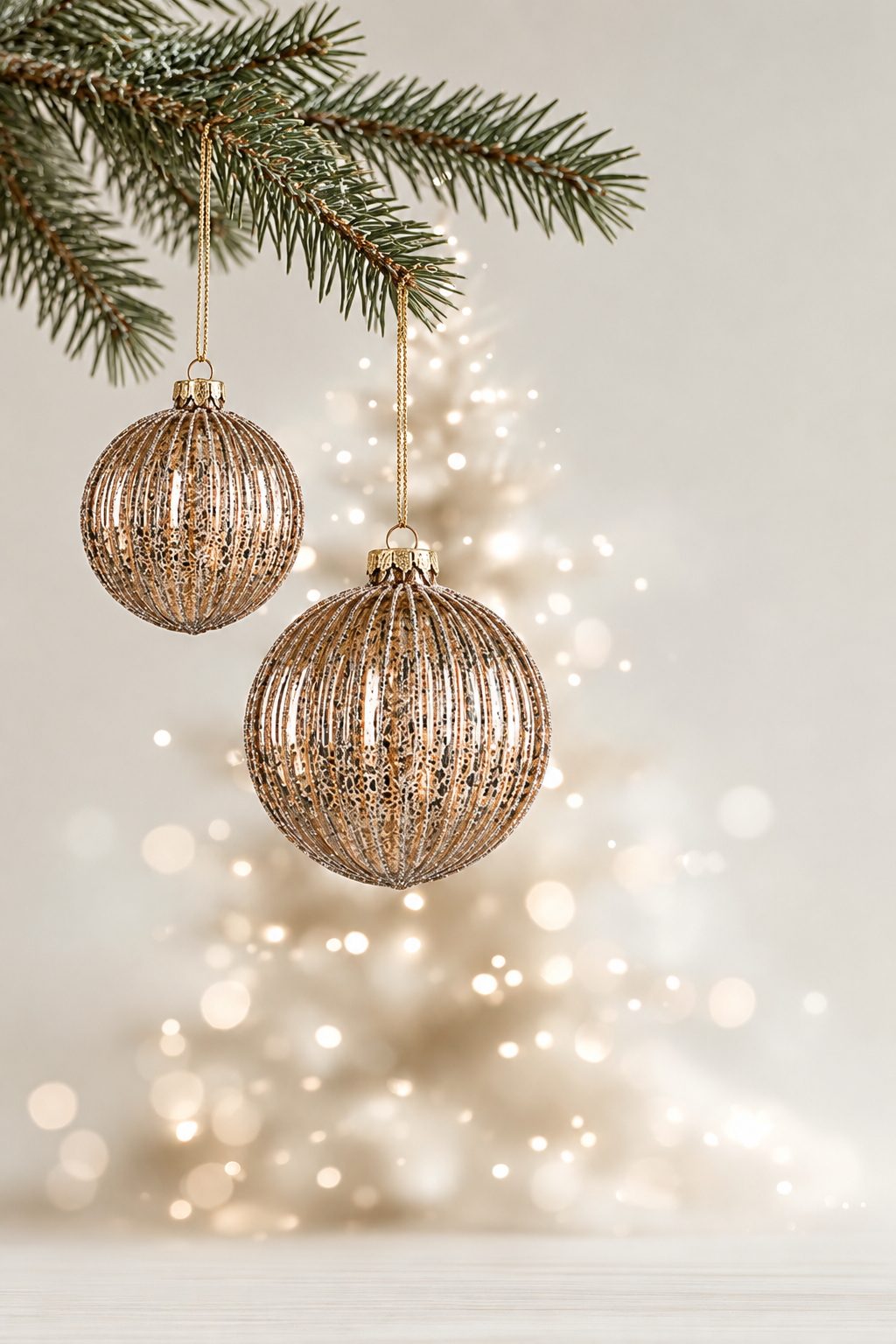 Gold ribbed glass baubles in 8cm and 10cm hanging from a pine branch in front of a softly glowing Christmas tree