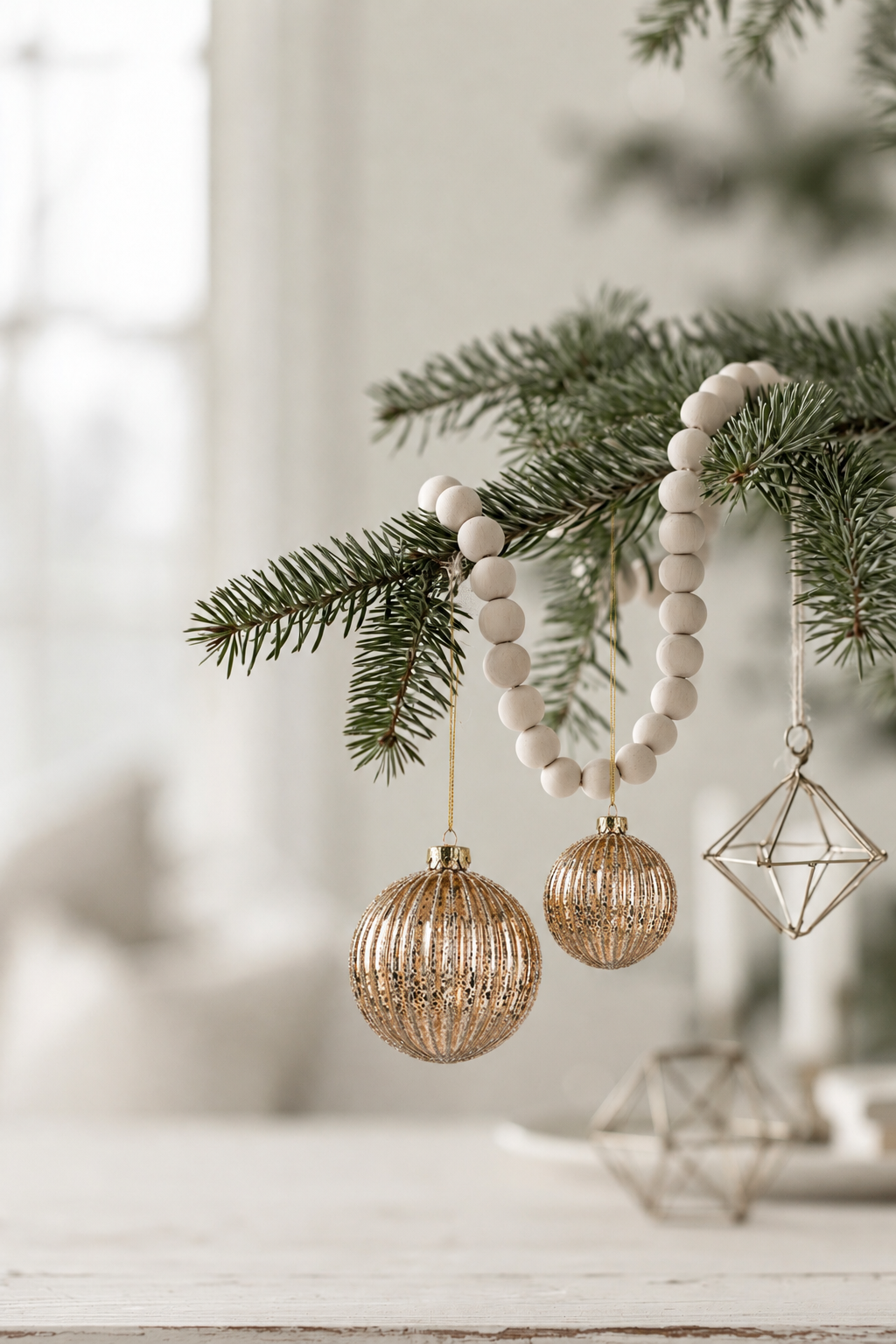 Gold ribbed glass baubles in 8cm and 10cm hanging on a pine branch with a wooden bead garland
