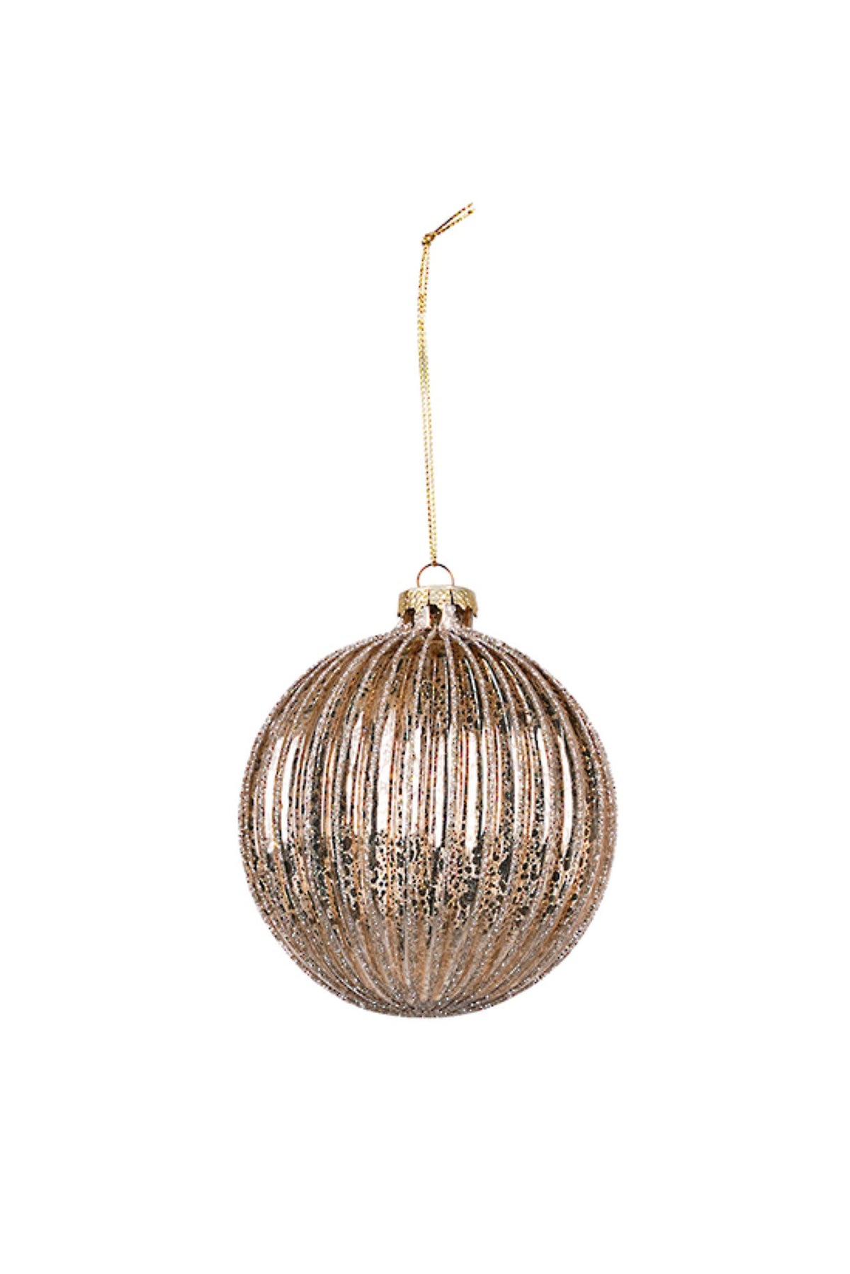Shiny gold ribbed glass Christmas bauble with vertical ridges, 10cm