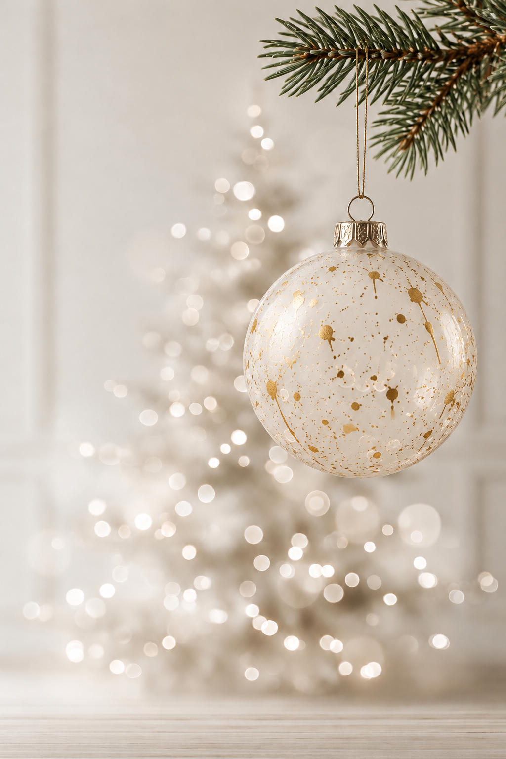 Gold paint splatter glass bauble hanging from a pine branch in front of a softly glowing Christmas tree