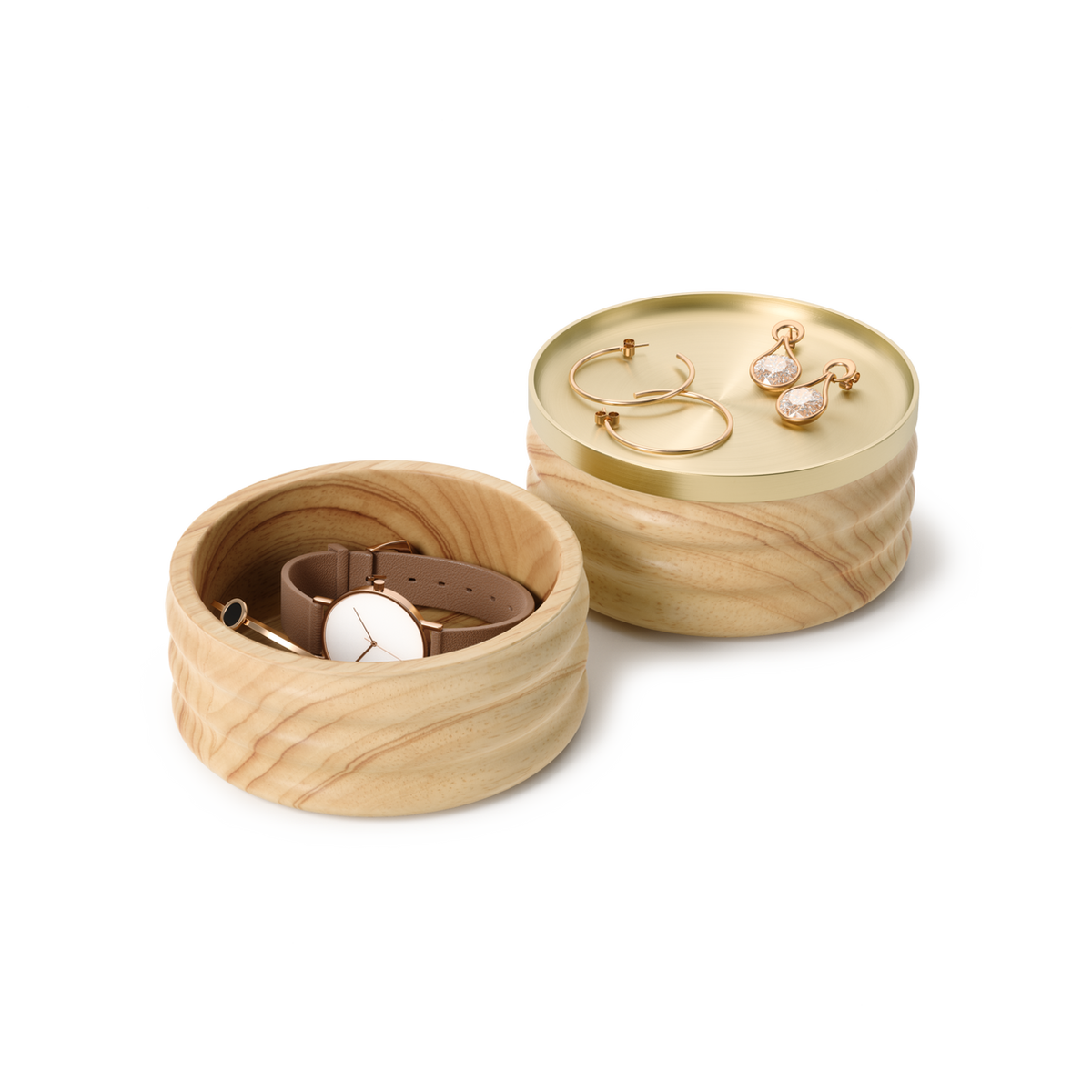 Umbra Tesora storage box in natural and brass holding a watch and earrings