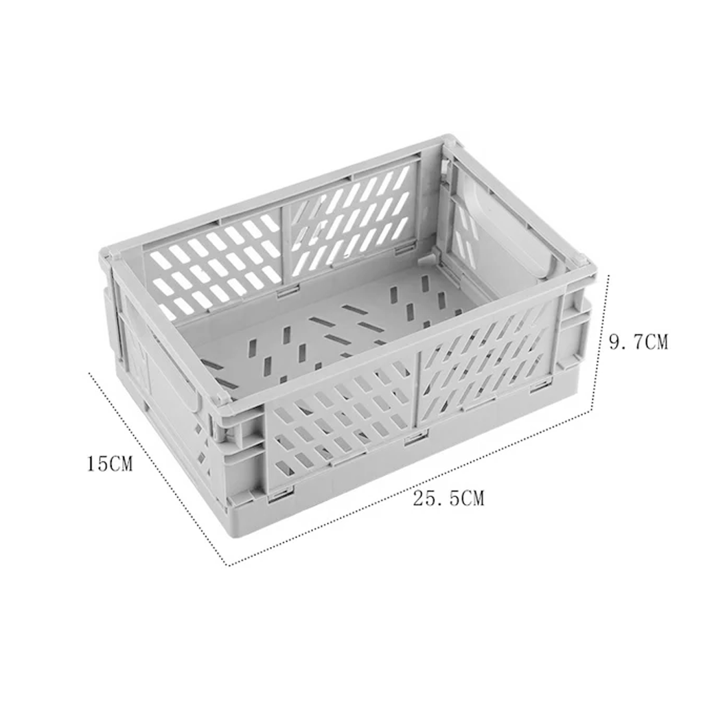 Grey folding crate with dimensions marked: 25.5cm long, 15cm deep and 9.7cm high