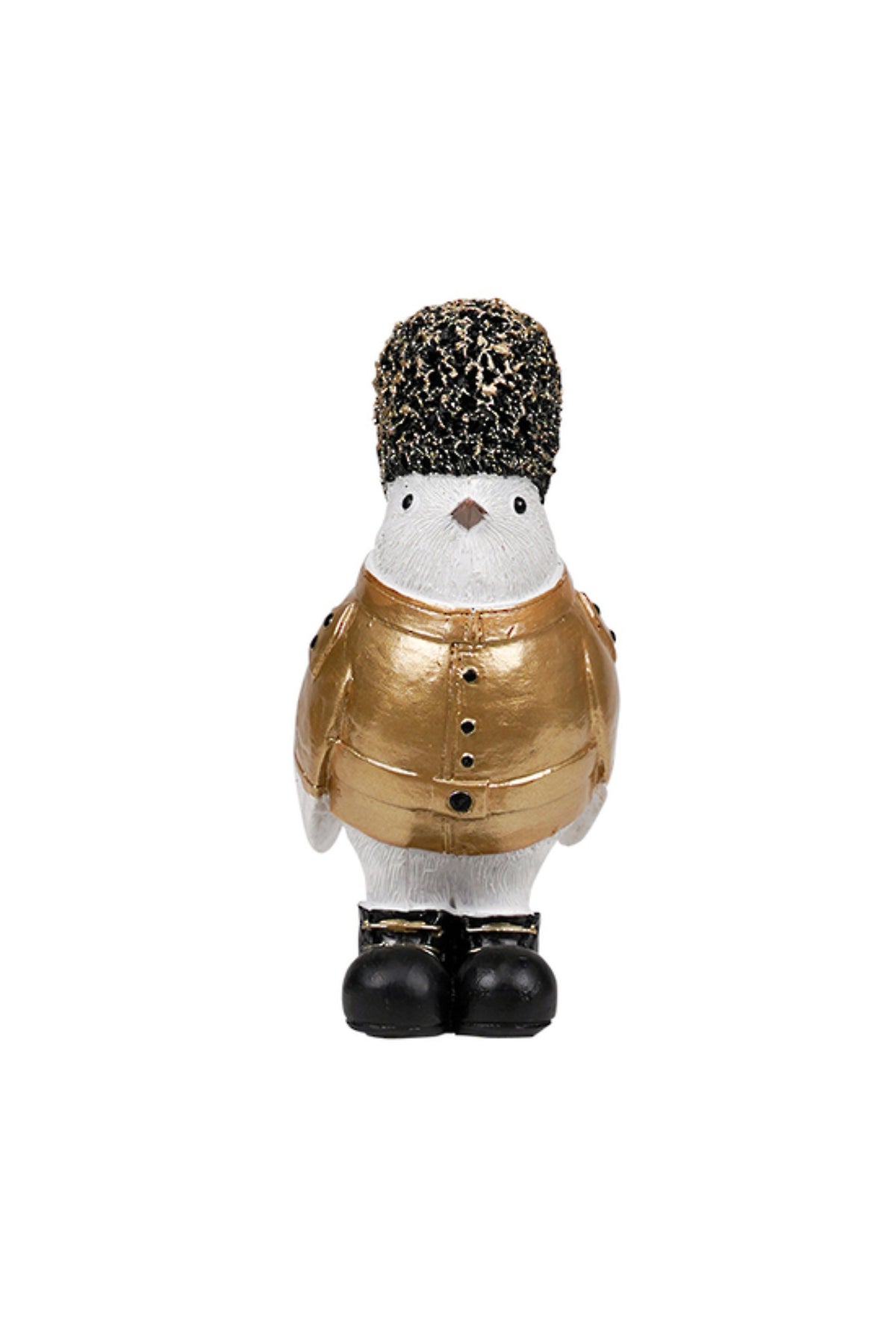 Small white bird figurine in a gold jacket and a tall black busby guard's hat, 11cm