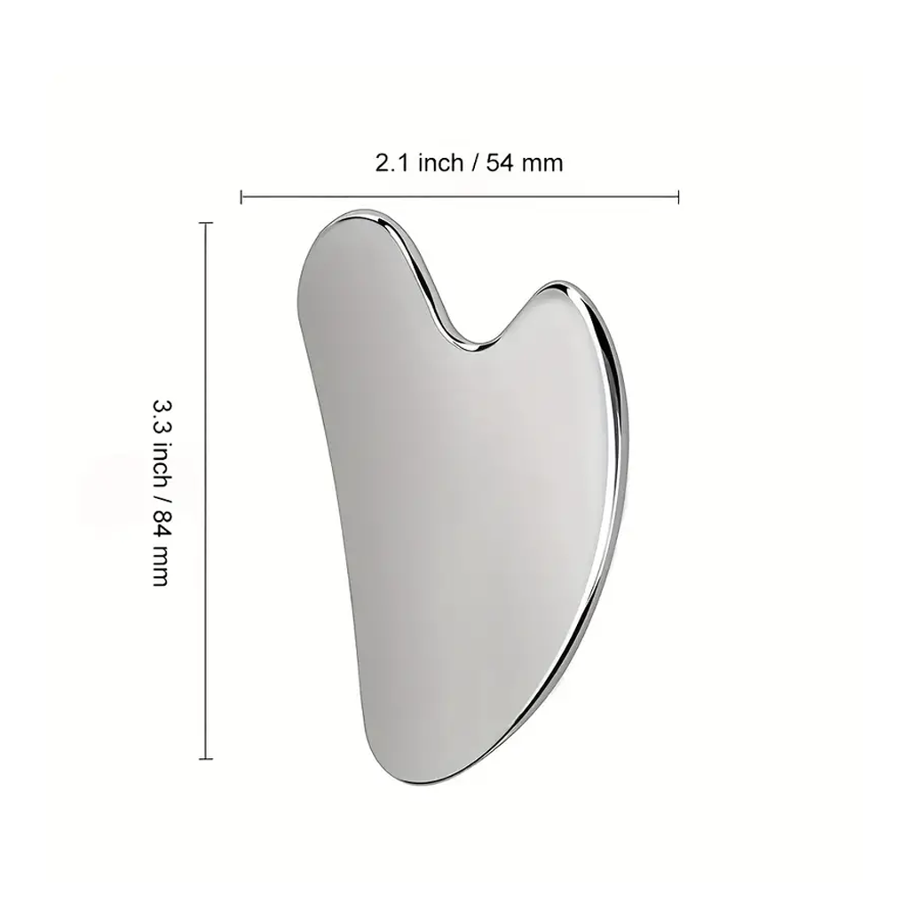 Gua sha with its width and height marked, on white