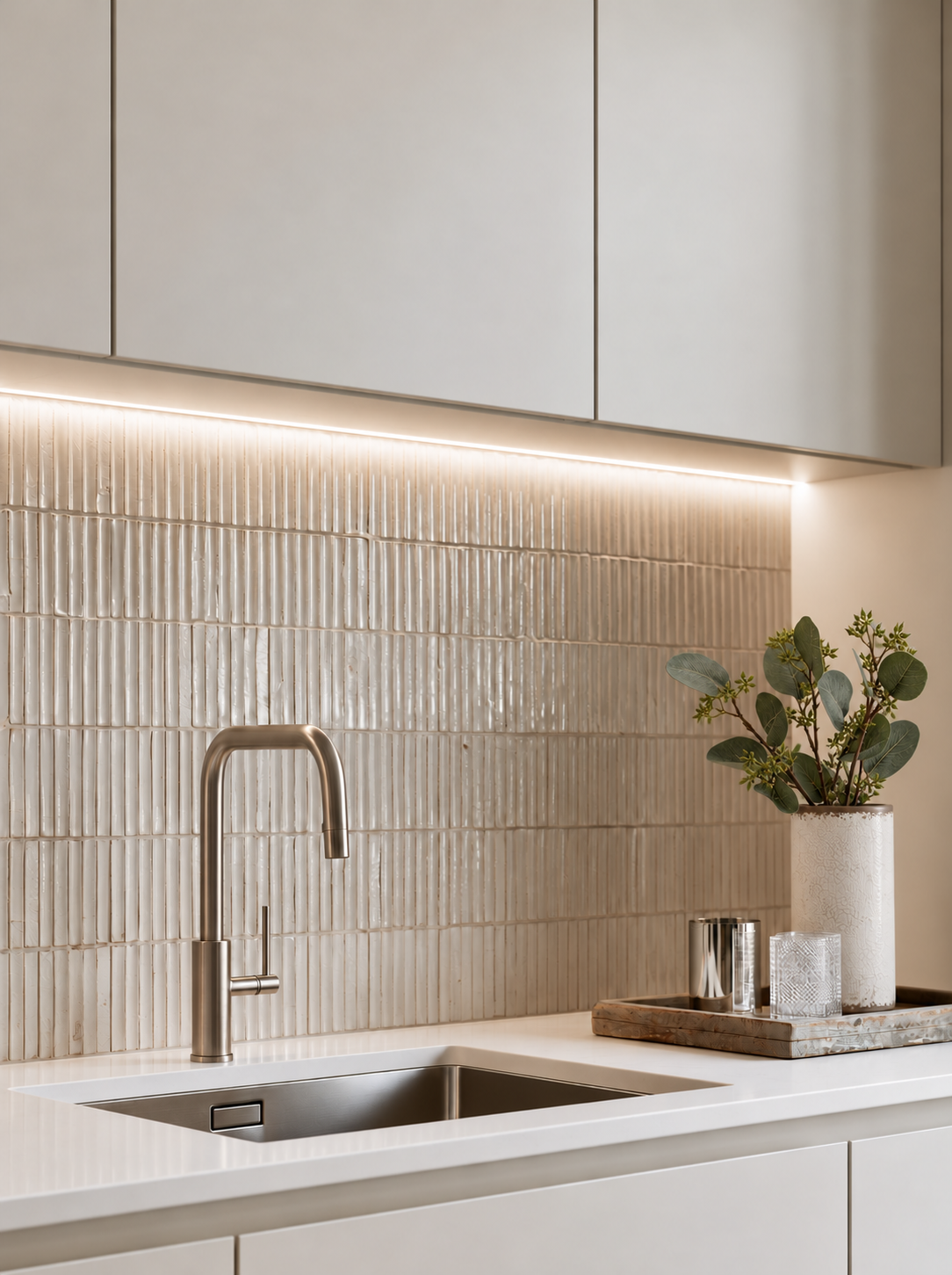 Gunni Eucalyptus Stem styled in the cream crackle-glaze Jardin Vase on a kitchen benchtop beside a brushed nickel tap