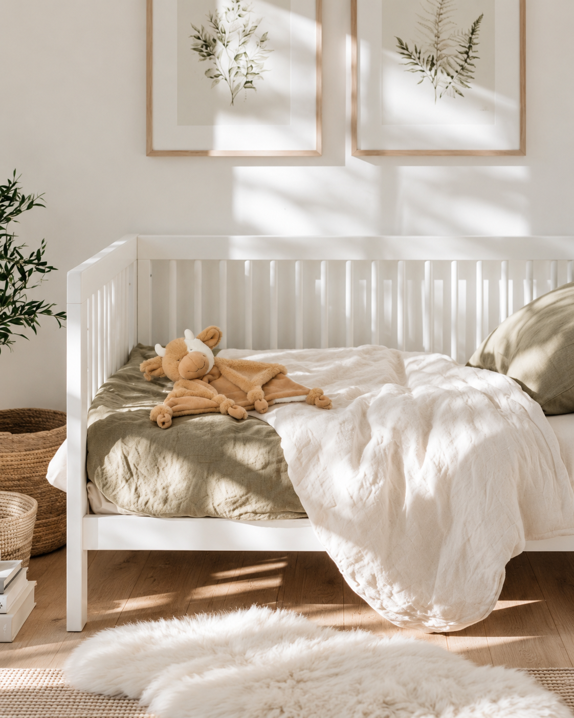 Cow comforter lying on linen bedding in a white cot
