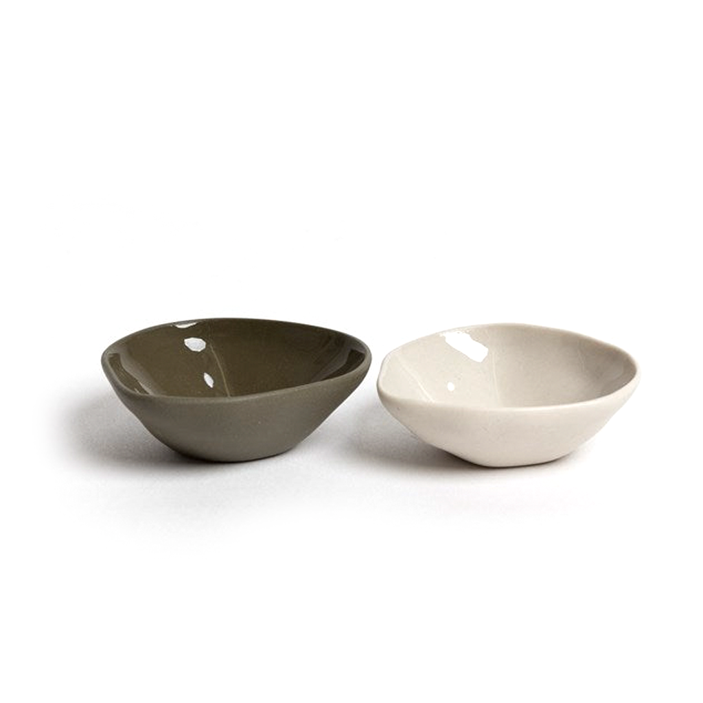 Haan mini dishes in olive green and bone, organic stoneware, on white
