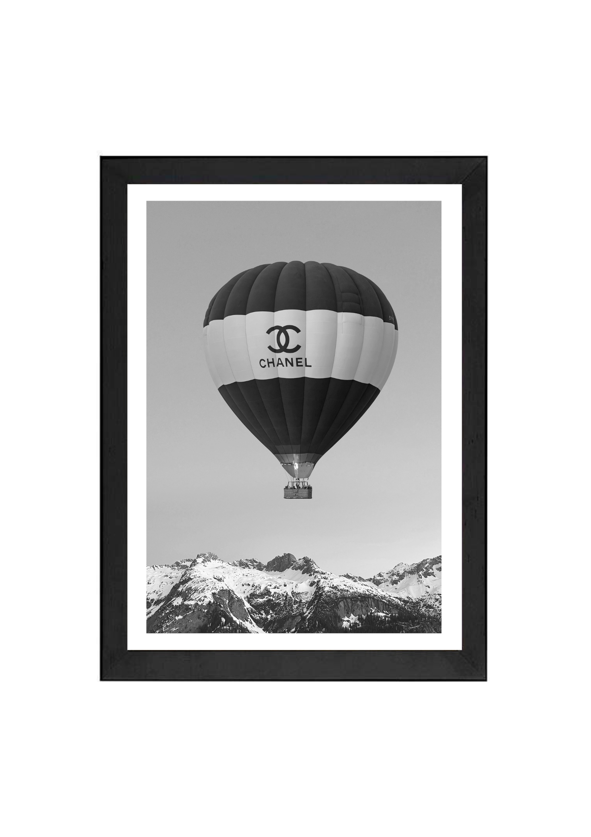 Haute Altitude Black and White Print by Papier HQ in a matte black frame, a monochrome hot air balloon