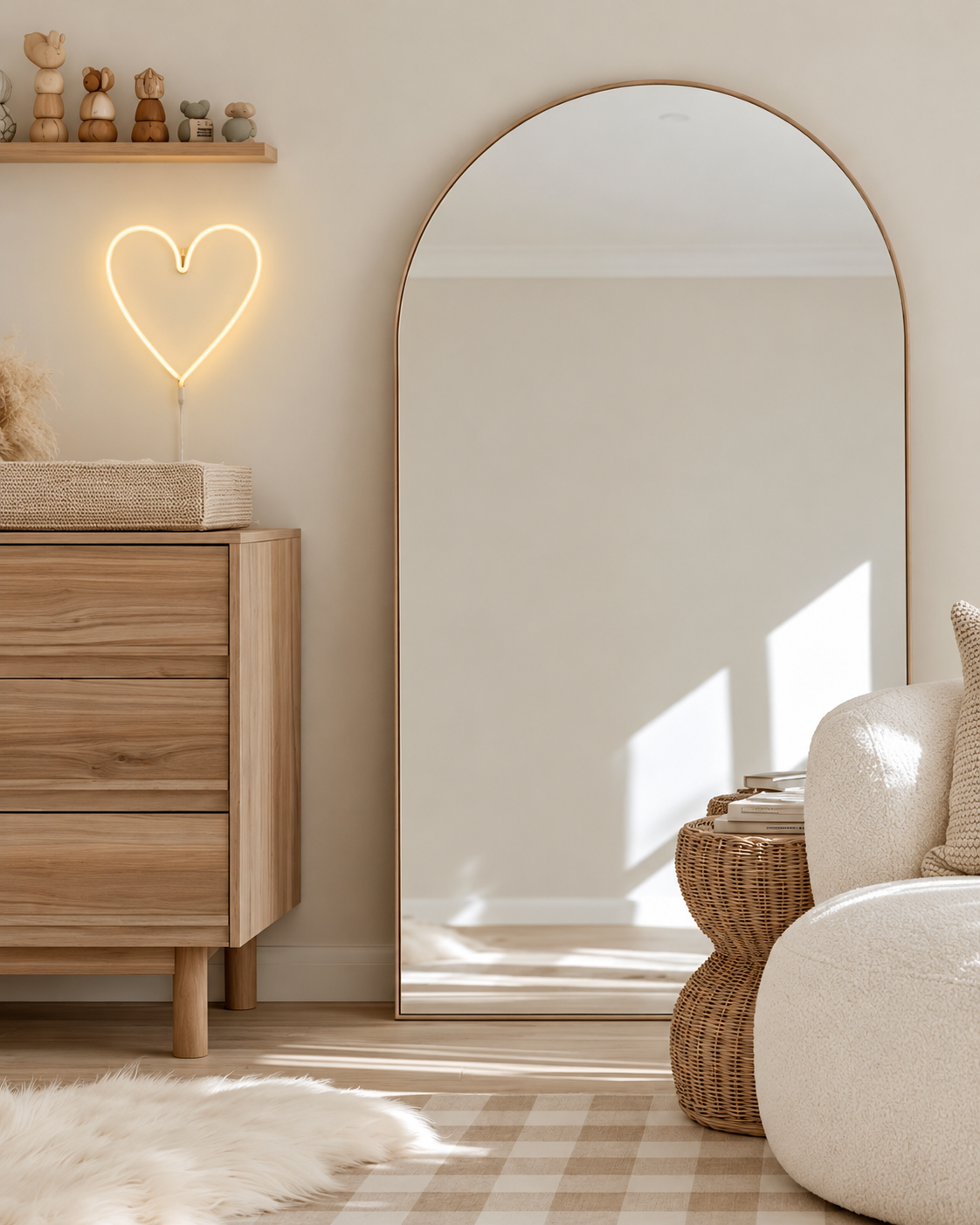 Heart neon LED wall light glowing warm white above a timber chest of drawers beside an arched floor mirror in a nursery