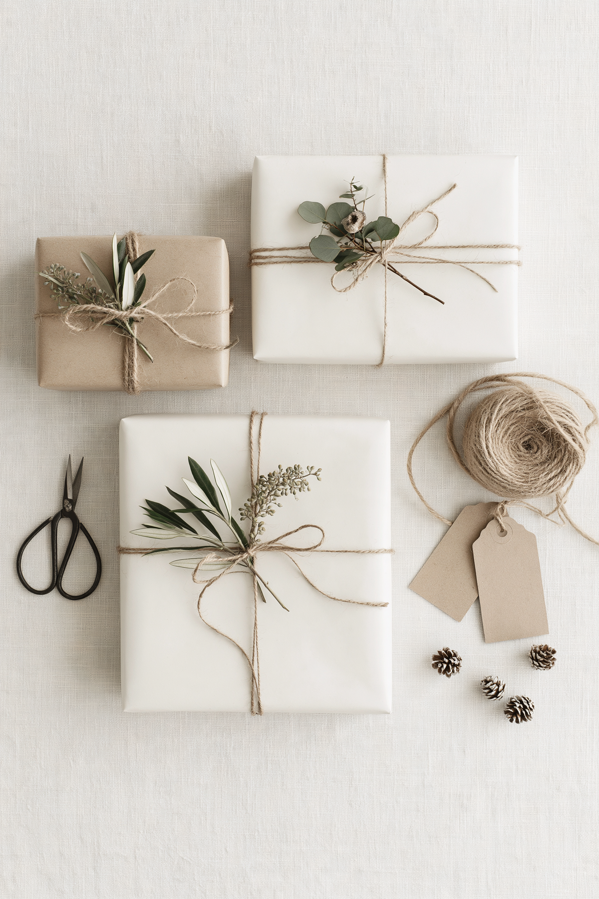Black bonsai shears beside gifts wrapped in white and kraft paper with twine, foliage sprigs and pinecones