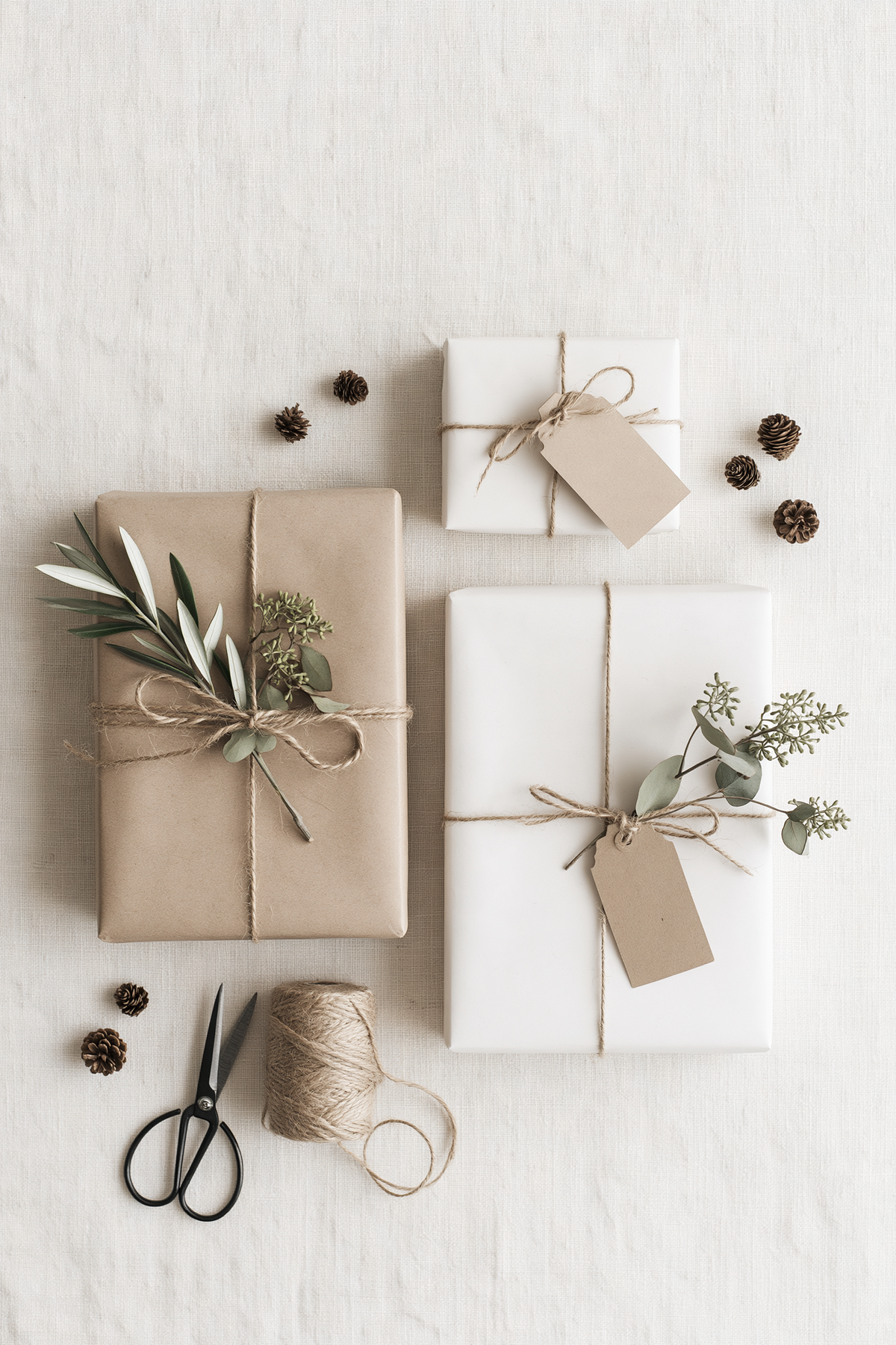Gunni eucalyptus sprigs and olive leaves tucked under twine on kraft and white wrapped gifts with pinecones