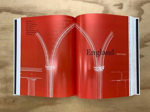 Architectural Theory spread opening the England section, with a red page and drawings of Gothic vaulting