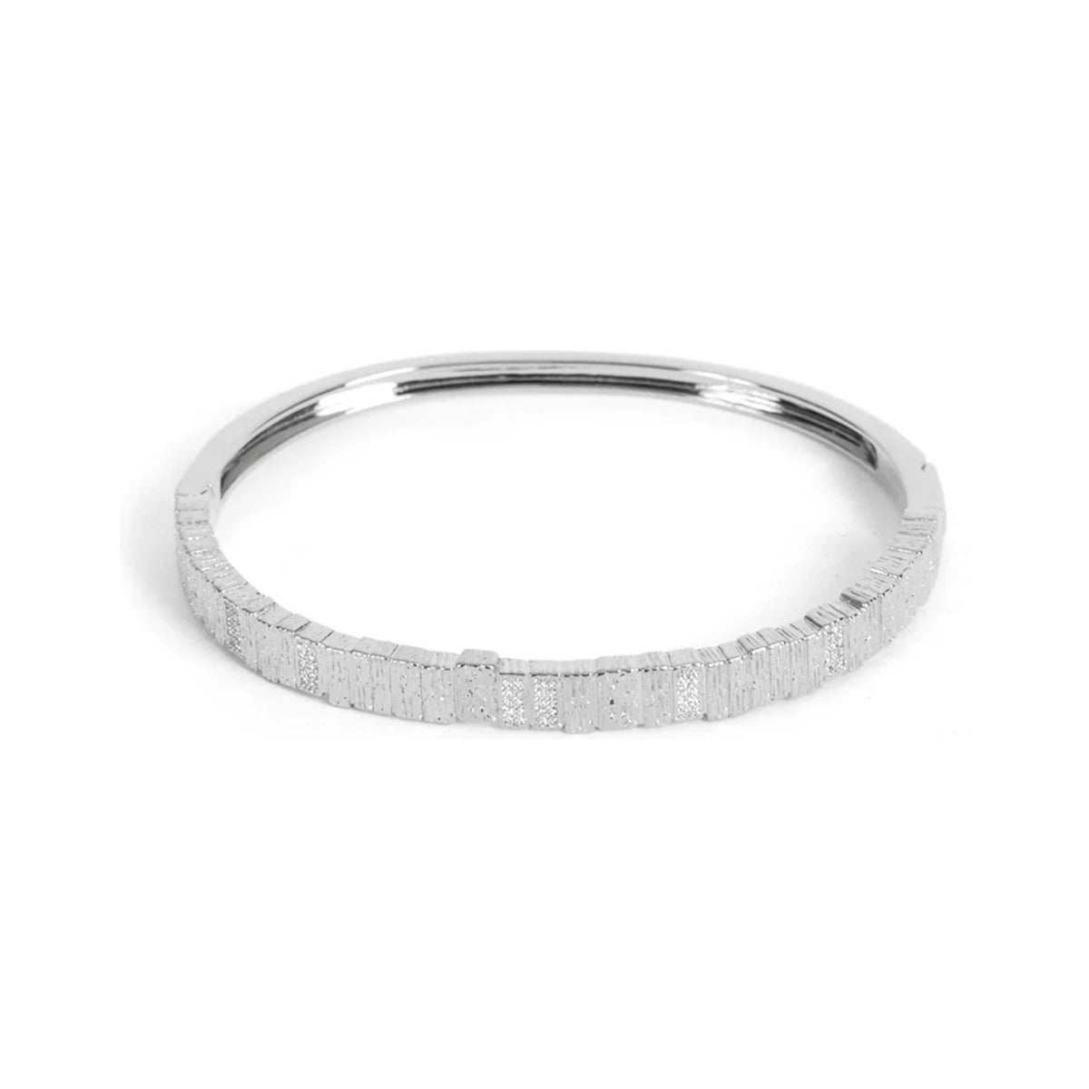 Impressions Bracelet by Federation in Silver, hinged bangle with wood-grain texture and clear crystals