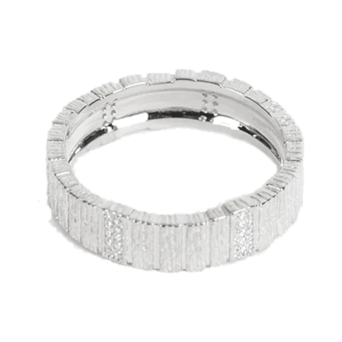 Impressions Ring by Federation in Silver, wide band with wood-grain texture and rows of clear crystals