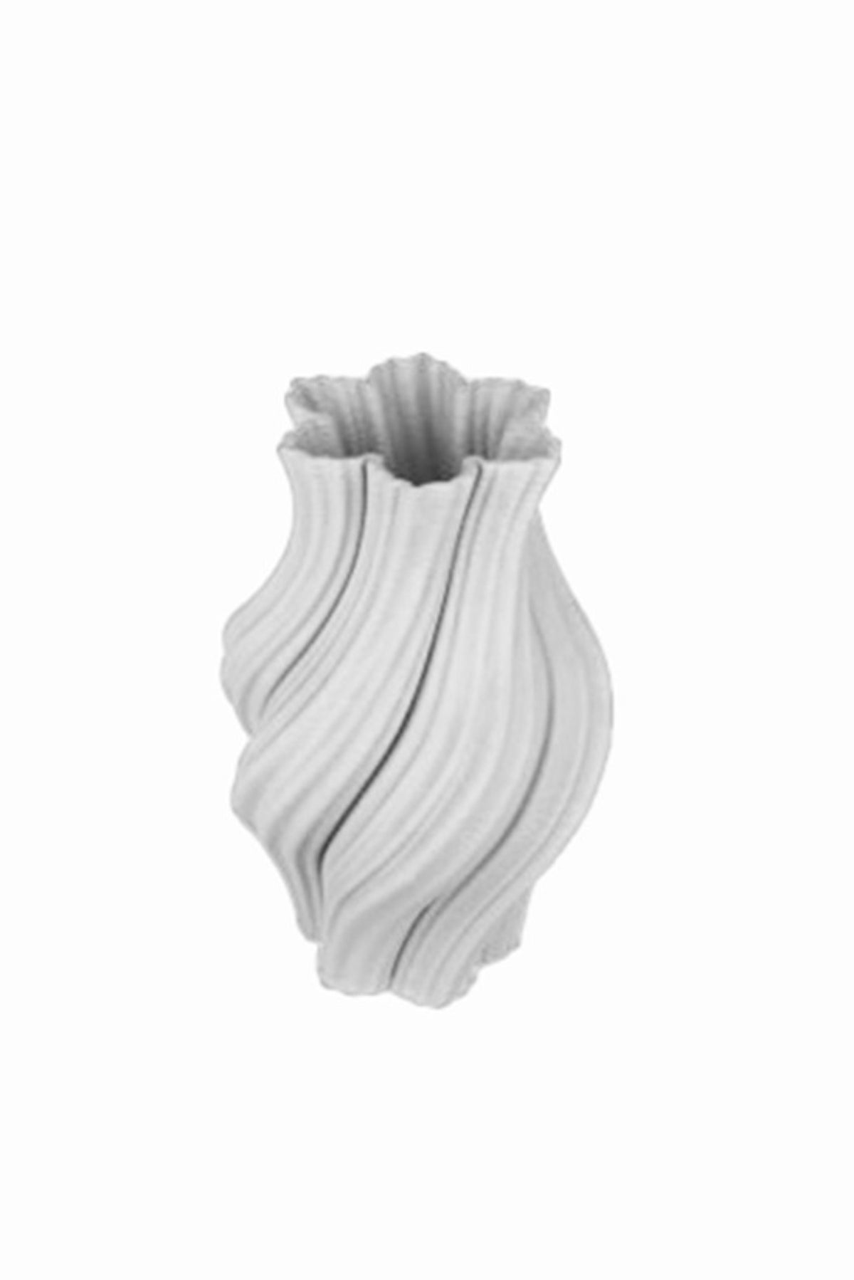 Large Ines 3D ceramic vase in white with a swirling rounded body and wavy rim