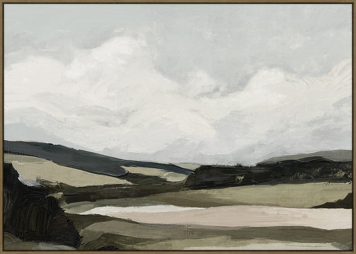 Full canvas view showing billowing clouds above bands of olive, stone and charcoal farmland