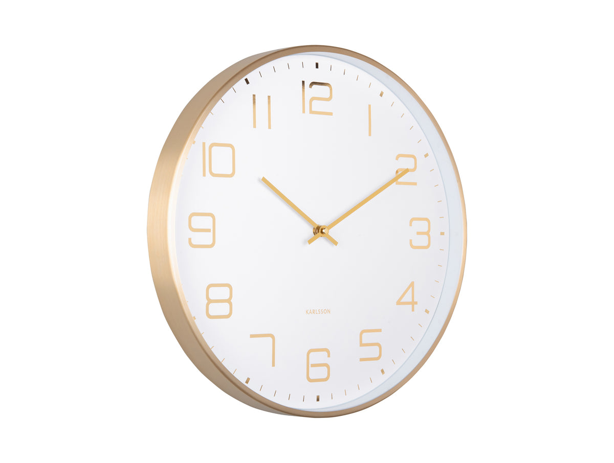 Karlsson Elegance Glow wall clock with brushed gold aluminium frame and white dial