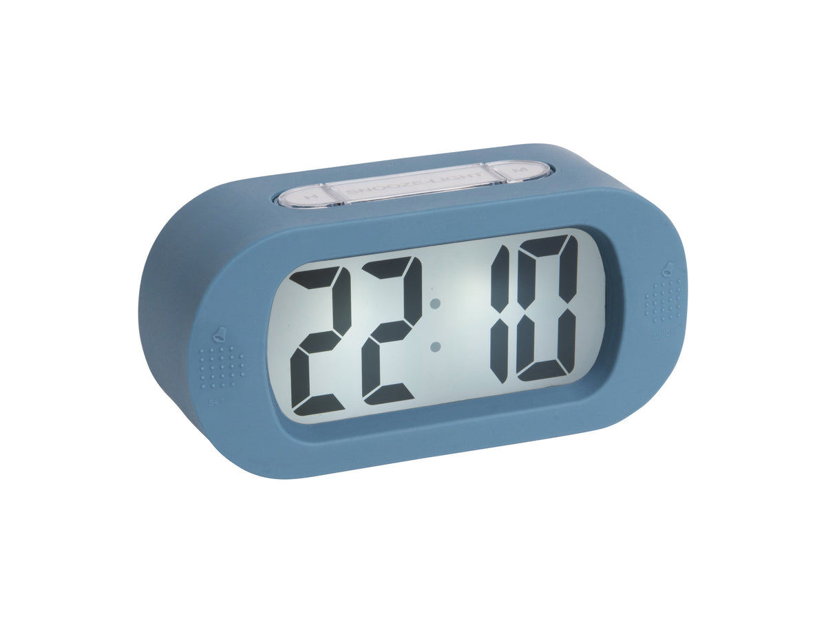 Karlsson Gummy Digital Alarm Clock in blue, close front view of the large digits