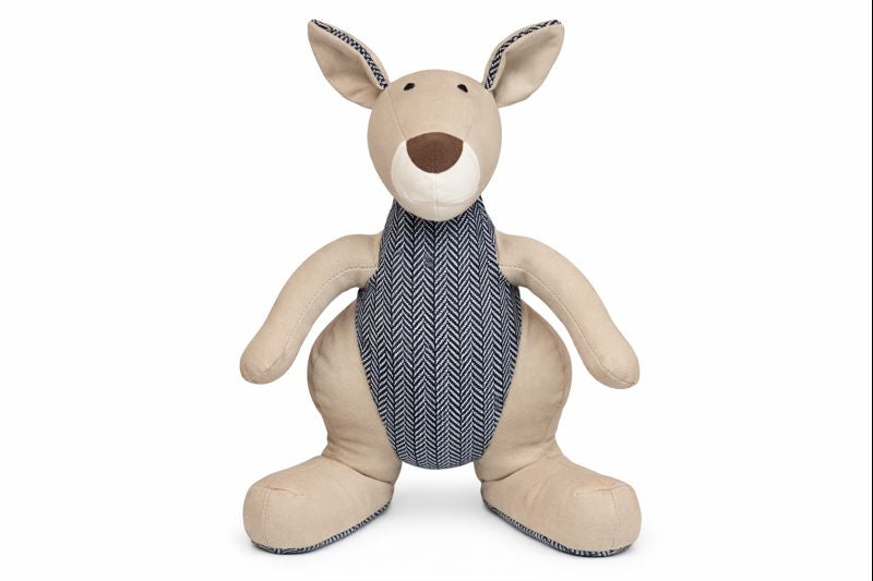 Kazza Kangaroo soft toy by Lily & George, tan plush kangaroo wearing a grey cable knit jumper