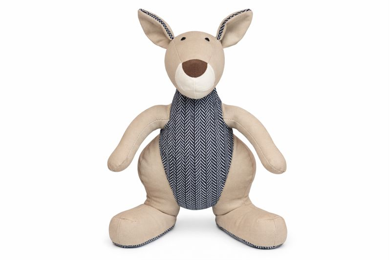 Kazza Kangaroo soft toy by Lily & George, tan plush kangaroo with a grey herringbone chest panel