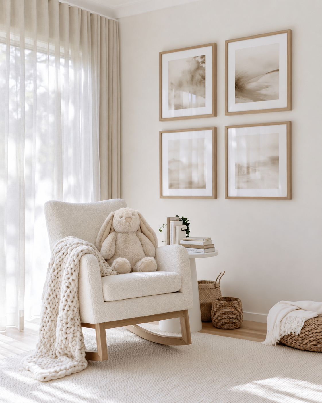 Flopsy Bunny in Biscuit sitting on a cream boucle nursery rocking chair with a chunky knit blanket and framed prints