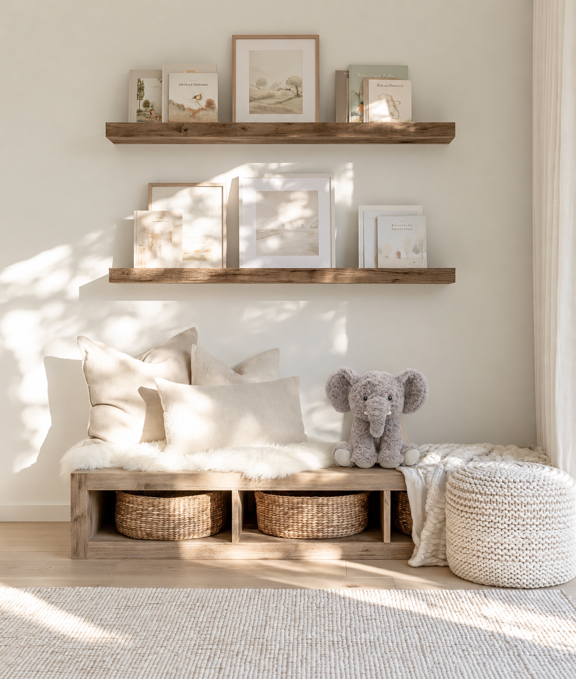 Peanut the Elephant grey soft toy sitting on a timber bench with linen cushions below book ledges in a kids room