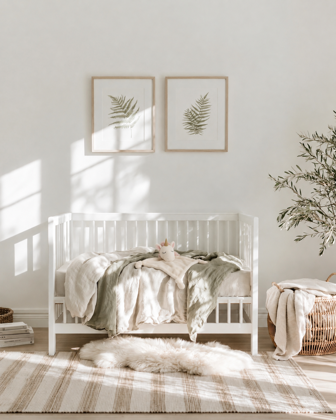 Stardust the Unicorn baby comforter draped over linen bedding in a white cot below framed fern prints