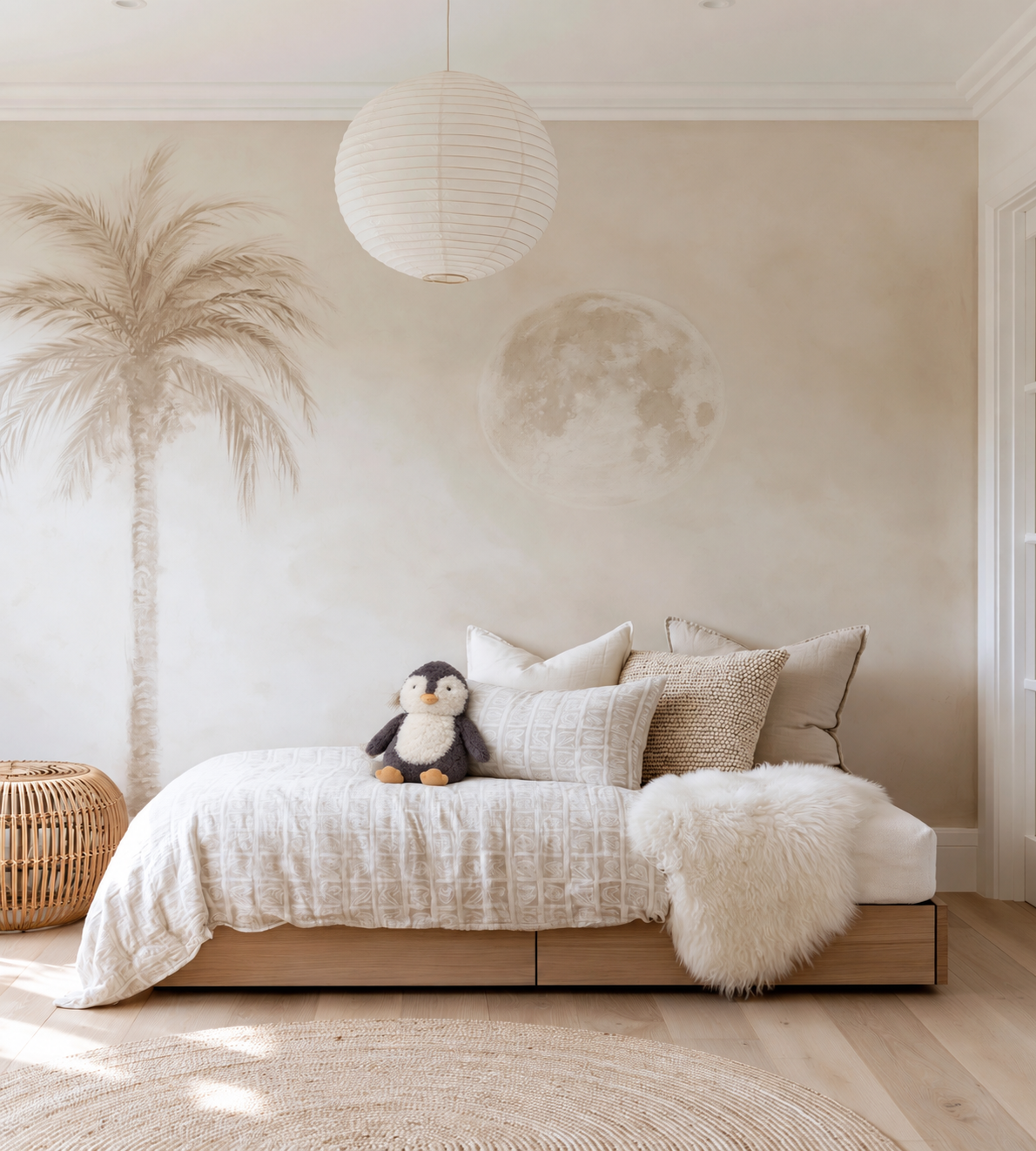 Pippa the Penguin soft toy sitting against linen pillows on a kids daybed below a palm and moon wall mural