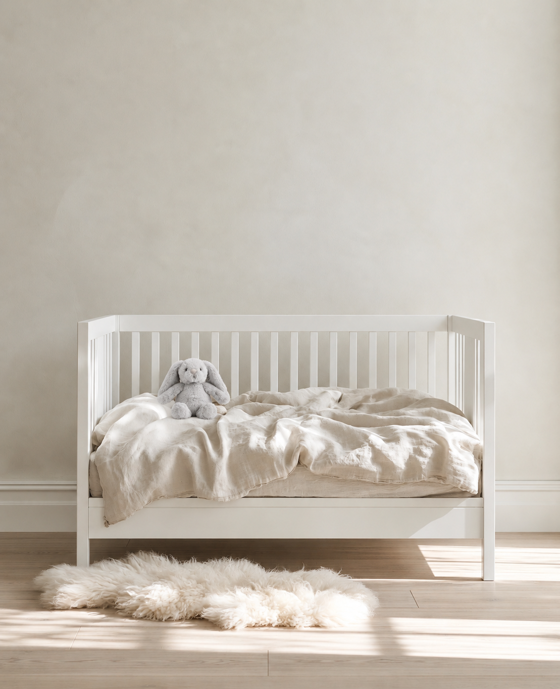Littlefoot Bunny in Silver sitting on rumpled linen bedding in a white timber cot beside a sheepskin rug