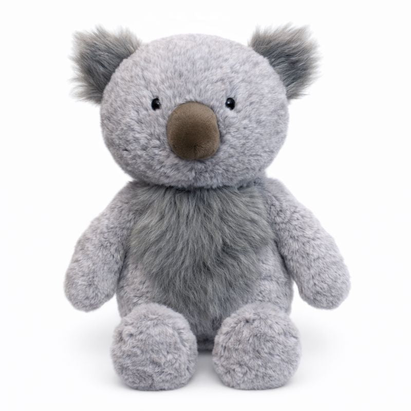 Kenny Koala soft toy by Lily & George, shaggy grey plush koala with fluffy ears and a large brown nose